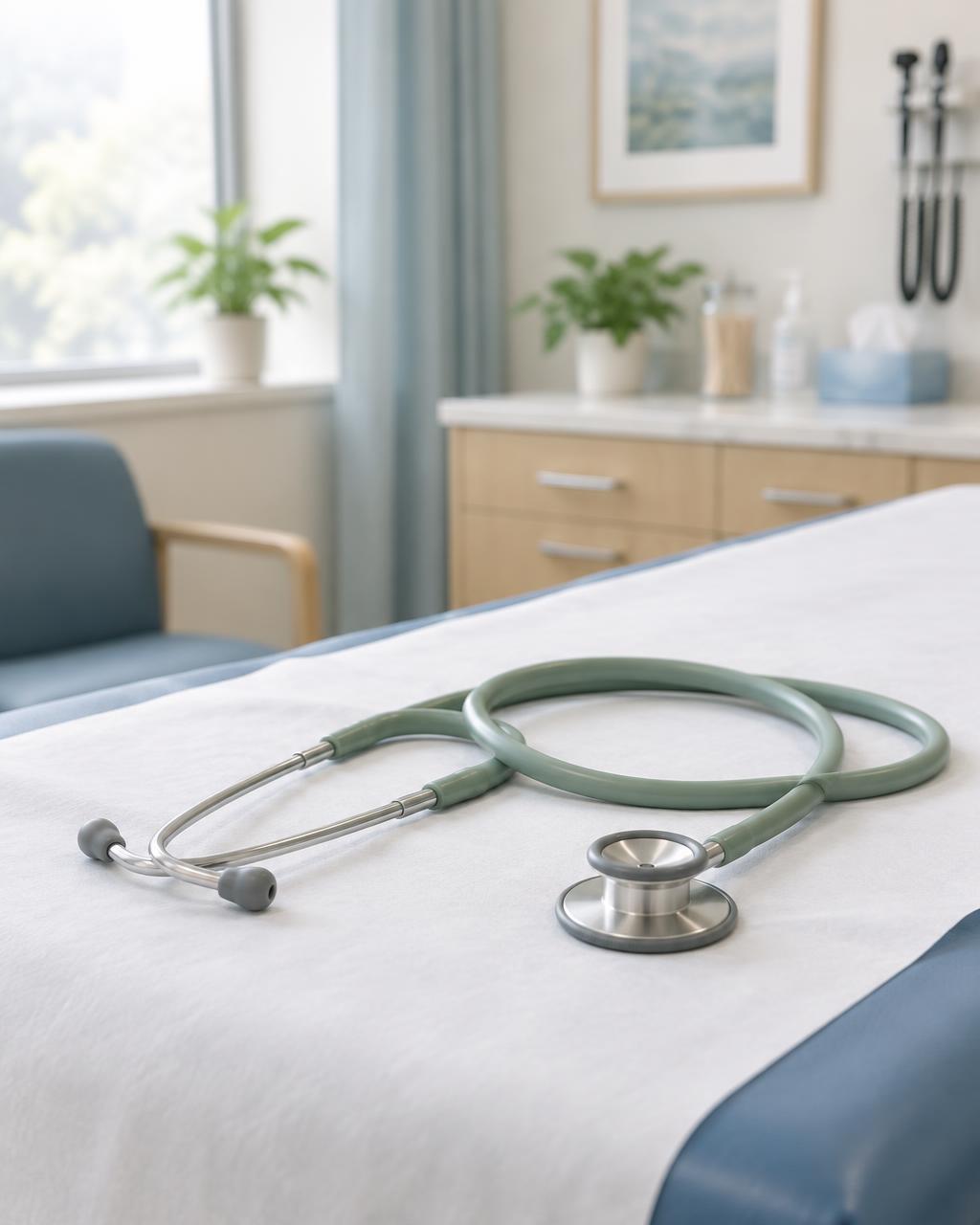 A stethoscope resting on an examination table in a clinic room